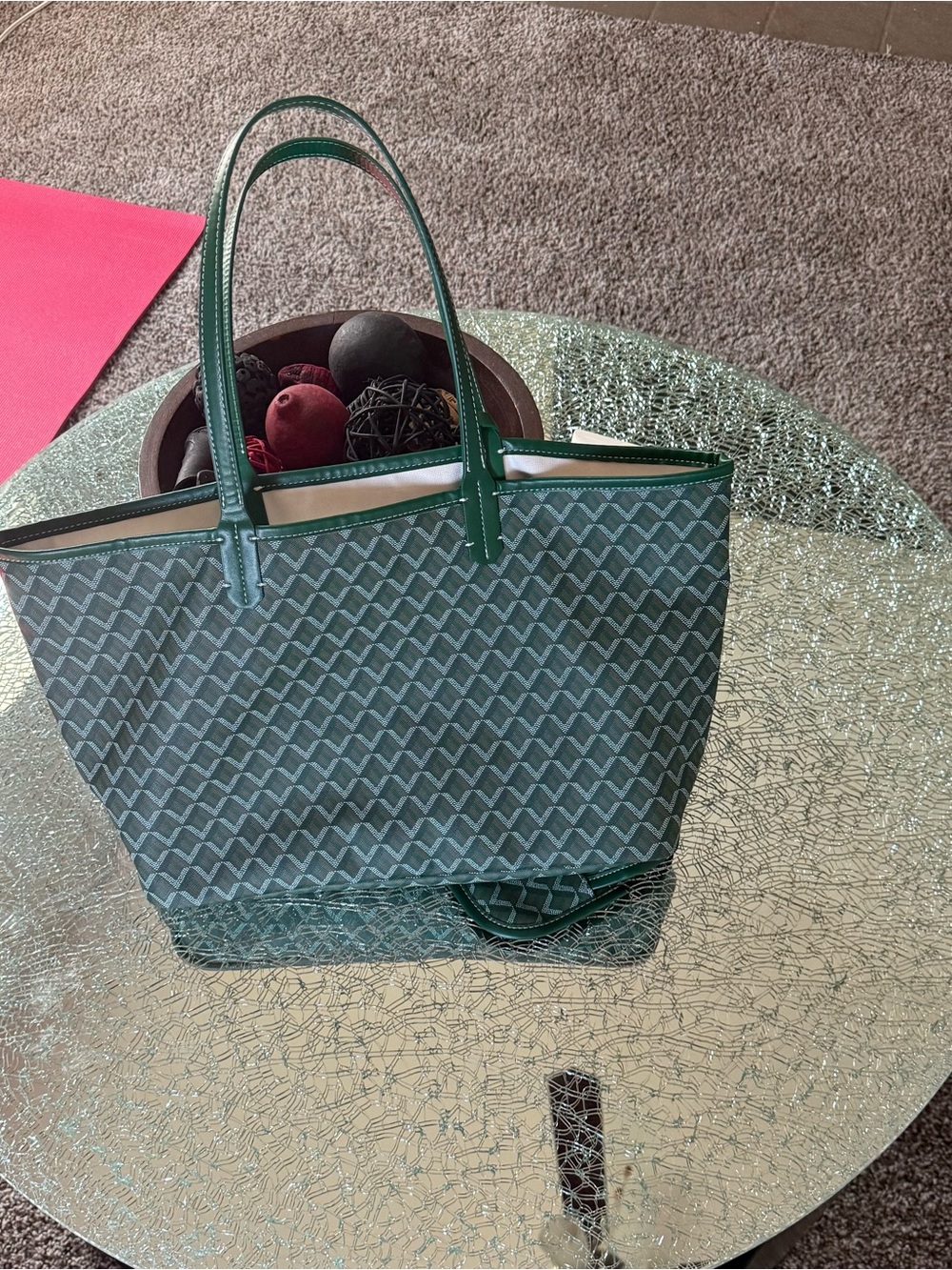Source Unknown Green Patterned Tote with Deep Green Trim